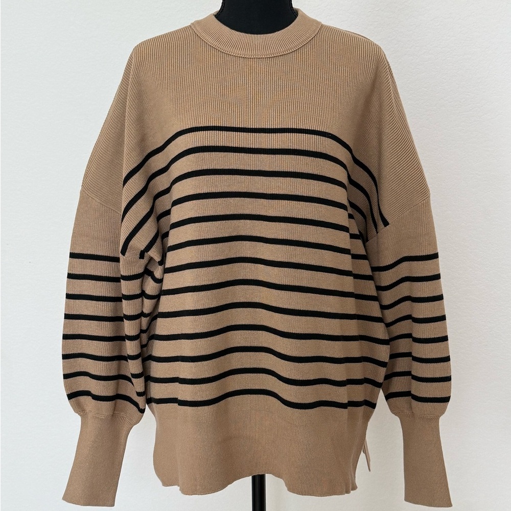 Lillusory Tan & Black Striped Sweater | Oversized Knit Pullover | Size M